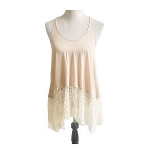 We The Free Oversized Crochet Hem Tank Tan Cream Size XS Bohemian Beach